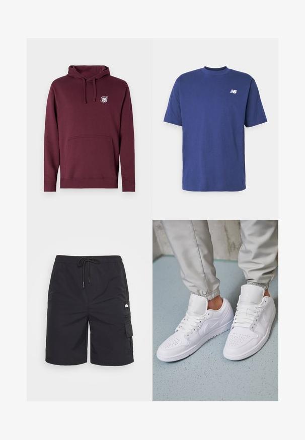 Bordeaux hoodie lavet af blødt stof, med en frontlomme og hætte med snørebånd. Inkluderer et lille hvidt logo på brystet.; Bomulds T-shirt i dyb marineblå. Korte ærmer, rund hals, med et lille hvidt logo på venstre bryst. Glat tekstur, klassisk pasform.; Sorte cargo shorts lavet af letvægtsstof, med elastisk talje og snor, sidelommer og en afslappet pasform.; Hvide lædersneakers har en perforeret tåboks, flade snørebånd, polstret krave og Jordan-logoet på tungen. Båret med grå joggers.