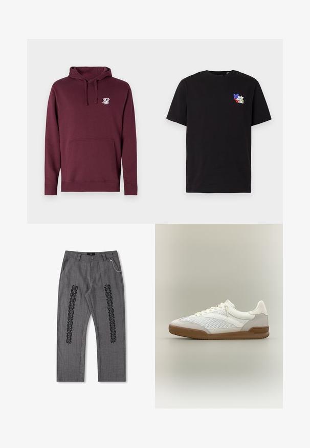 Bordeaux hoodie lavet af blødt stof, med en frontlomme og hætte med snørebånd. Inkluderer et lille hvidt logo på brystet.; Sort t-shirt med korte ærmer og rund halsudskæring med en lille, farverig "only and sons"-logo med en blå blomst på øverste venstre bryst.; Grå rutet bukser med sort tekstdetalje langs siderne, prydet med en kædeaccent i taljen. Bukserne har lige ben og er lavet af struktureret stof.; Hvid og lysegrå lavtop sneaker med mesh- og ruskindspaneler, hvide snørebånd og brun gummisål på en neutral baggrund.