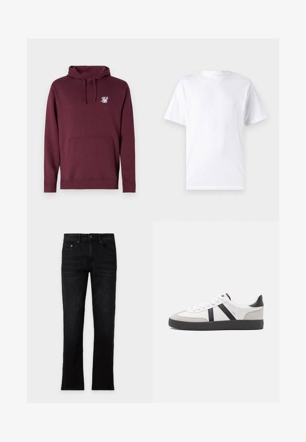 Bordeaux hoodie van zachte stof, voorzien van een voorkant met een zak en een capuchon met trekkoord. Inclusief een klein wit logo op de borst.; Witte T-shirt met korte mouwen, gemaakt van katoen, met een ronde hals. Het heeft een gladde textuur en een eenvoudig ontwerp zonder patronen of accenten.; Zwarte straight-leg jeans met voor- en achterzakken, knoop- en ritssluiting, plat neergelegd op een lichte achtergrond. Geen zichtbare slijtage of merklogo.; Witte sneaker met zwarte en grijze accenten, voorzien van een grijze neus met textuur, zwarte rubberen zool en platte witte veters. Schoon ontwerp, minimalistische stijl.