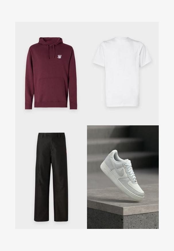 Bordeaux hoodie lavet af blødt stof, med en frontlomme og hætte med snørebånd. Inkluderer et lille hvidt logo på brystet.; Hvid bomulds T-shirt, korte ærmer, rund hals, enkel design, glat tekstur, standard lige snit.; Sorte bukser med bred benvidde lavet af glat stof, med flad front, bæltestropper og to sidelommer. Rød logoaccent på siden.; Hvid Nike Air Force 1 sneaker med mesh og læderpaneler, snørebånd bundet, svævende over en betonrækværk mod en sløret baggrund af trapper.