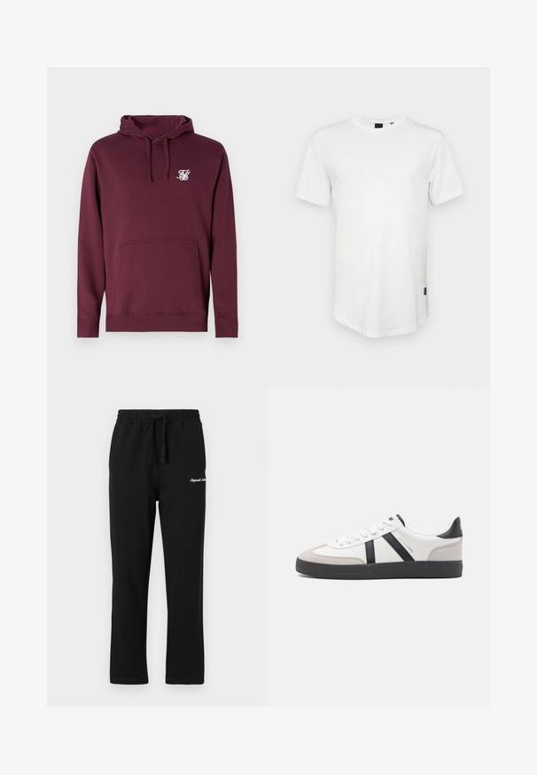Burgundi kapuutsvillane, mis on valmistatud pehmest kangast, sisaldab esist taskut ja nööriga kapuutsi. Rinnal on väike valge logo.; Valge lühikeste varrukatega T-särk, mis on valmistatud puuvillast, ümmarguse kaelusega ja veidi pikema seljaga, küljes väike logo aktsent.; Mustad mustad püksid elastse vöökohaga ja reguleeritava nööriga. Funktsiooniks on tikandiga logo reie peal ja sirge jalgade disain.; Valged tossud mustade ja hallide aktsentidega, tekstureeritud halli varbakattega, musta kummitald ja lamedad valged paelad. Puhtad jooned, minimalistlik stiil.