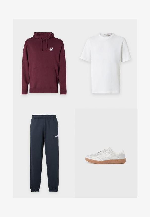 Bordeaux hoodie lavet af blødt stof, med en frontlomme og hætte med snørebånd. Inkluderer et lille hvidt logo på brystet.; Hvid kortærmet t-shirt i vaffelmønster med rund hals og et lille mærke med brandnavn inde i kraven, vist på en ensfarvet baggrund.; Mørkegrå sweatpants med elastisk talje, indsnørede ben og et hvidt logo trykt på venstre lår. Blødt bomuldsblandingsmateriale.; Sølv sneakers med en glat overflade, snørebånd, perforerede detaljer og en struktureret brun gummi sål.