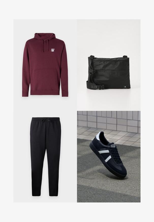 Bordeaux hoodie van zachte stof, voorzien van een voorkant met een zak en een capuchon met trekkoord. Inclusief een klein wit logo op de borst.; Zwarte taperende joggers van zachte stof, met een elastische tailleband met trekkoord, boordjes aan de enkels en zonder zakken.; Zwarte leren sneaker met witte strepen, een gestructureerde rubberen zool en vetersluiting aan de voorkant. Voorzien van een merklabel op de tong.; Zwarte nylon boodschappentas met verstelbare riem, plat ontwerp en een zijlabel met een logo. Soepele textuur en minimalistische stijl.
