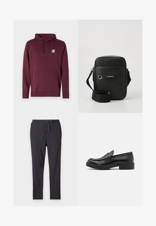 Bordeaux hoodie lavet af blødt stof, med en frontlomme og hætte med snørebånd. Inkluderer et lille hvidt logo på brystet.; Mørkegrå joggerbukser med elastisk talje, snørelukning, sidelommer og ribbet tekstur over det hele.; Sorte læder loafers med rund tå, slip-on design og tyk gummisål med tekstureret greb. Forhøjet hæl og subtile syninger.; Sorte tekstureret crossbody taske med justerbar rem, frontlomme, metalringdetalje og hvid Lacoste-logo på frontpanelet.