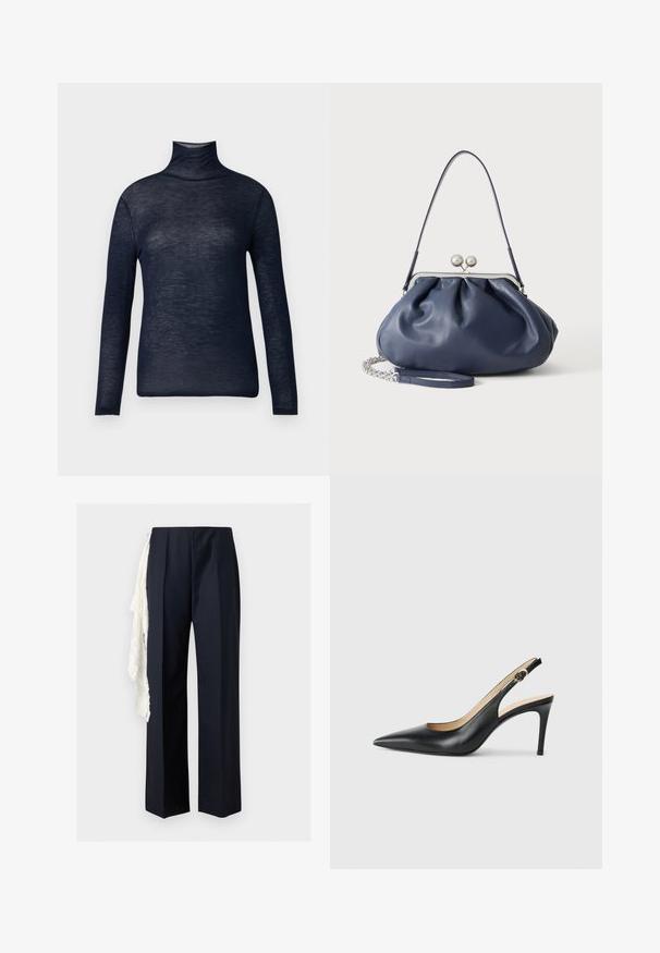 Haut col roulé bleu marine en tissu léger, avec des manches longues et une silhouette ajustée. Texture lisse avec un minimum de détails.; Pantalon noir à jambe droite avec une taille haute, avec un foulard en dentelle blanche suspendu sur le côté gauche.; Escarpins en cuir noir avec une pointe fine, une bride ajustable et un talon aiguille élégant, présentant une finition lisse.; Sac à main en cuir bleu marine doux avec fermeture à boucle argentée, une seule bandoulière, et une chaîne de poignet amovible sur fond blanc.