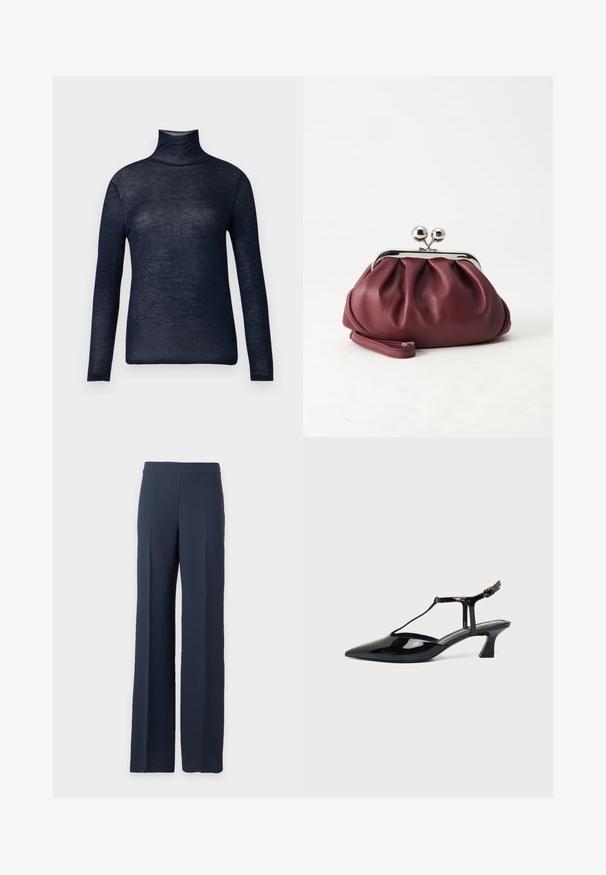 Haut col roulé bleu marine en tissu léger, avec des manches longues et une silhouette ajustée. Texture lisse avec un minimum de détails.; Pantalon large bleu marine à taille haute avec un devant épuré, présenté sur un fond gris clair uni.; Chaussure slingback en cuir verni noir à bout pointu avec bride en T et petit talon bloc incliné sur fond blanc.; Petit sac pochette en cuir bordeaux avec fermoir métallique argenté et bracelet sur fond blanc.