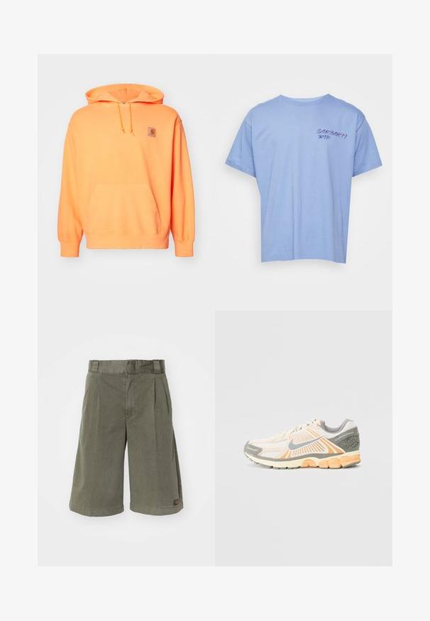 Sudadera con capucha de algodón naranja, con un bolsillo frontal, capucha ajustable con cordón y un pequeño parche de marca en el lado izquierdo del pecho. Textura suave.; Carhartt WIP GELATO - Camiseta estampada - charm blue; Pantalones cortos de color verde oliva, fabricados con una mezcla de algodón. Presentan pliegues y un corte recto, con una pequeña etiqueta de la marca en el lateral.; Zapatilla de running ligera en color crema y naranja, con parte superior de malla, cuello acolchado y detalles en gris texturizados en el talón y la suela.