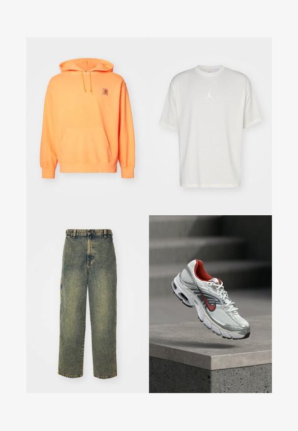 Sudadera con capucha de algodón naranja, con un bolsillo frontal, capucha ajustable con cordón y un pequeño parche de marca en el lado izquierdo del pecho. Textura suave.; Camiseta de algodón blanca con cuello redondo, mangas cortas y un pequeño logo bordado en el centro. Diseño de corte holgado con costuras mínimas.; Jeans de denim holgados en un lavado azul y verde descolorido. Presenta un cierre de botón, pasadores para el cinturón y bolsillos laterales. Diseño de frente plano y pierna recta.; Zapatilla de running Nike blanca y plateada con detalles en rojo flotando sobre un saliente de hormigón, mostrando los detalles laterales y de la suela.