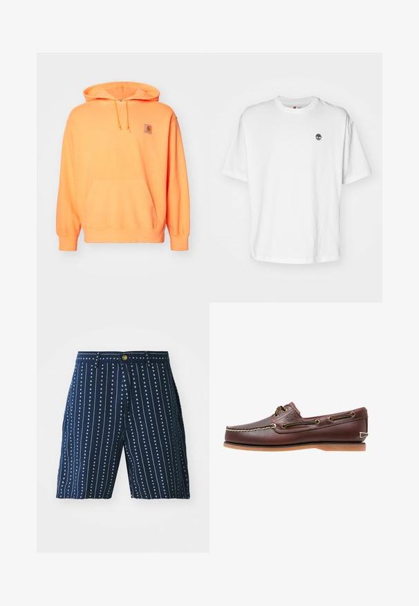 Sudadera con capucha de algodón naranja, con un bolsillo frontal, capucha ajustable con cordón y un pequeño parche de marca en el lado izquierdo del pecho. Textura suave.; Camiseta de algodón blanca con cuello redondo, mangas cortas y un pequeño logo negro de un árbol en el lado izquierdo del pecho. Tejido suave, corte relajado.; Pantalones cortos azul marino con rayas verticales blancas y pequeños patrones de corazones, con cierre de botón y trabillas. Fabricados en tela ligera.; Zapato náutico de cuero marrón con costuras blancas, detalles de cordones y suela de goma color coñac, mostrado de lado sobre un fondo blanco.