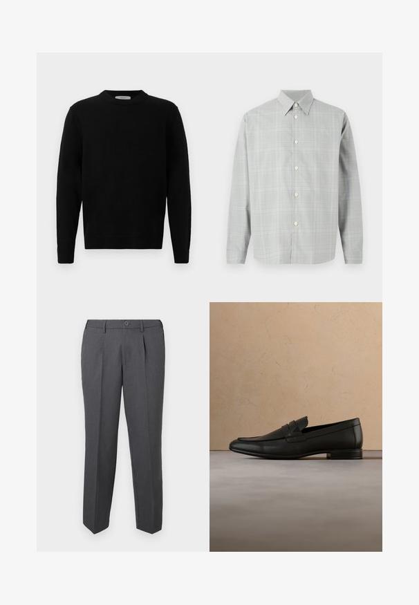 Pull en maille noir avec un col rond, des manches longues et des poignets côtelés. Texture douce avec un design épuré et minimal, adapté à un style décontracté.; Chemise grise à manches longues avec un léger motif à carreaux, fermeture à boutons sur le devant, col pointu et texture de tissu lisse.; Pantalon formel gris foncé avec plis, passants de ceinture, fermeture à bouton et jambes droites, présenté sur un fond blanc uni.; Mocassin en cuir noir flottant au-dessus d'un tapis beige avec un canapé beige dans un intérieur minimaliste.