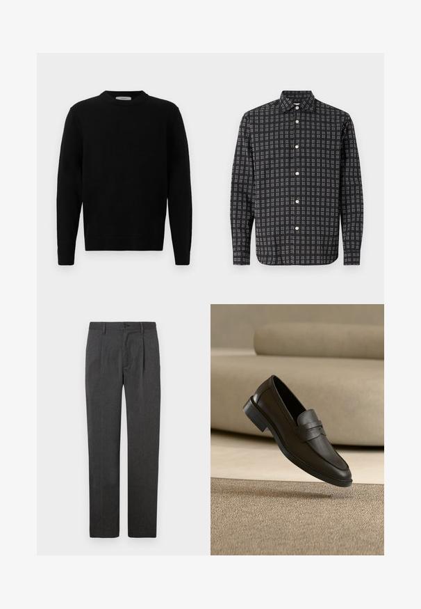 Sort strik sweater med rund hals, lange ærmer og ribbede manchetter. Blød tekstur med et rent, minimalistisk design, velegnet til afslappet brug.; Sort langærmet skjorte med knap-lukning og hvidt ternet mønster samt hvide knapper, præsenteret fladt på en hvid baggrund.; Grå skræddersyede bukser med lige ben, der har en frontfold, lynlås og knaplukning. Glat tekstur, klassisk design.; Sort læder loafer sko, der hviler på et beige tæppe med en buet beige sofa i baggrunden.