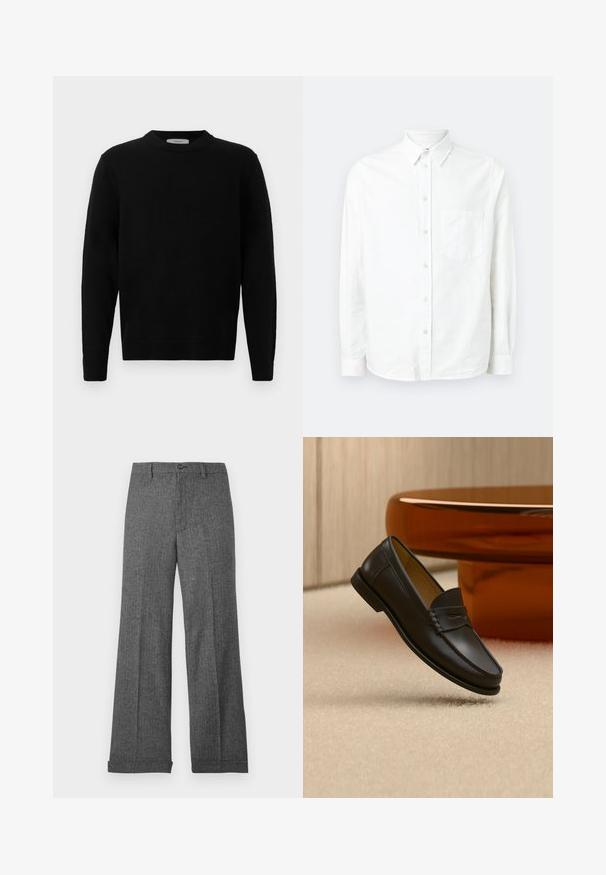 Sort strik sweater med rund hals, lange ærmer og ribbede manchetter. Blød tekstur med et rent, minimalistisk design, velegnet til afslappet brug.; Hvid langærmet skjorte med knaplukning lavet af letvægtsstof. Har en frontlomme, klassisk krave og subtil tekstur.; Grå bukser med vidde i benene, lavet af struktureret stof med et subtilt mønster, med frontknaplukning og opsmøgede manchetter.; Sort læder loafer-sko hængende over beige tæppe med ravfarvet moderne møblement i baggrunden.