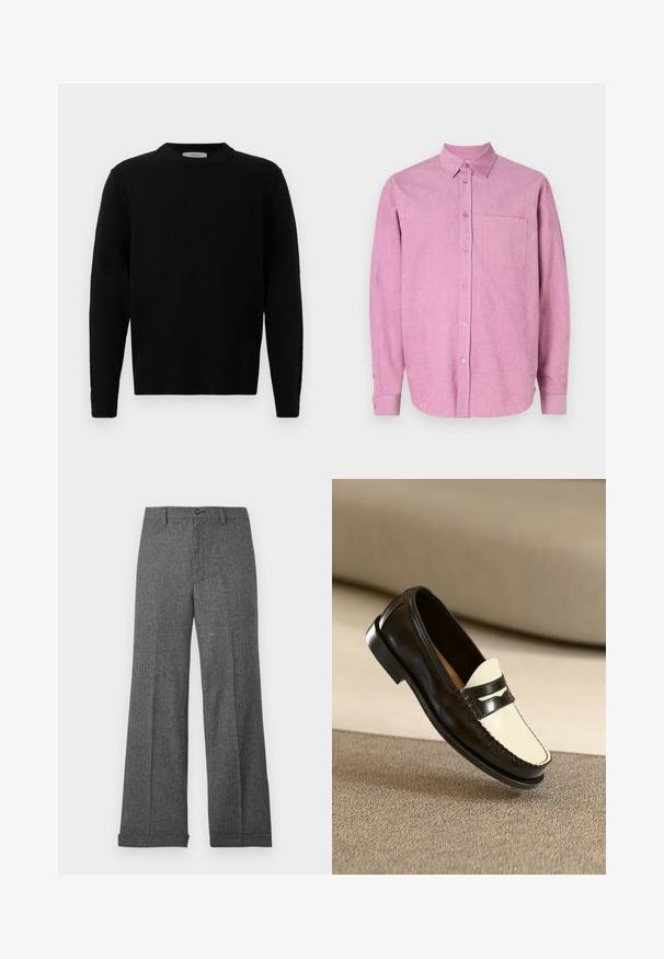Sort strik sweater med rund hals, lange ærmer og ribbede manchetter. Blød tekstur med et rent, minimalistisk design, velegnet til afslappet brug.; Lyserød kordfløjlskjorte med knap-ned krave, lange ærmer og en enkelt brystlomme. Har lodret ribbning og lukning med knapfort.; Grå bukser med vidde i benene, lavet af struktureret stof med et subtilt mønster, med frontknaplukning og opsmøgede manchetter.; Sort læderloafer med en cremefarvet vamp og sorte accentstriber, som har en lav hæl og detaljeret syning langs kanterne.