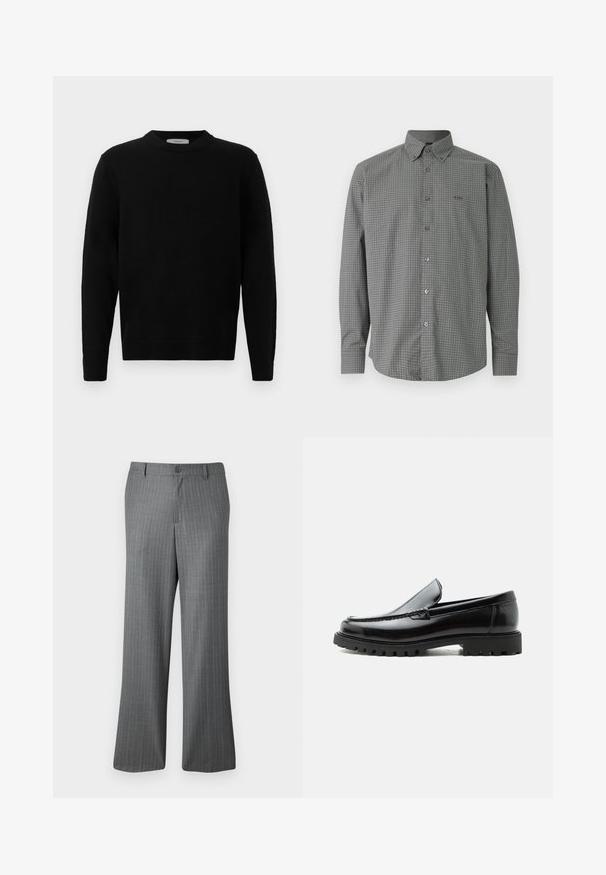 Suéter negro de punto con cuello redondo, mangas largas y puños acanalados. Textura suave con un diseño limpio y minimalista, apto para uso casual.; Camisa gris de manga larga con botones, con un fino patrón de cuadrícula blanca y cuello, que presenta el logo de BOSS bordado en el pecho izquierdo.; Pantalones de rayas grises con un ajuste relajado, que presentan un cierre de botón, pasadores para cinturón y sutiles rayas azul claro en toda su superficie.; Mocasín de cuero negro con suela de goma gruesa, empeine cosido y nombre de la marca en relieve en el talón, mostrado en perfil lateral sobre fondo blanco.