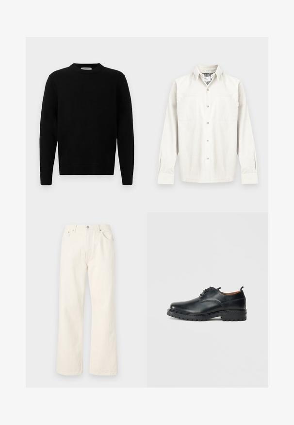 Suéter negro de punto con cuello redondo, mangas largas y puños acanalados. Textura suave con un diseño limpio y minimalista, apto para uso casual.; Camisa de pana de algodón en color blanco roto, con mangas largas, cierre frontal con botones, dos bolsillos en el pecho y un ajuste relajado con un sutil acanalado.; Jeans de pierna ancha color crema, confeccionados en denim, que cuentan con un diseño estándar de cinco bolsillos y un cierre de botón metálico en la cintura.; Zapatos derby de cuero negro con una textura suave, punta redondeada, diseño de cordones y una suela de goma gruesa y resistente.