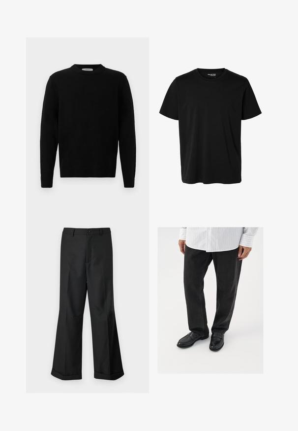 Suéter negro de punto con cuello redondo, mangas largas y puños acanalados. Textura suave con un diseño limpio y minimalista, apto para uso casual.; Camiseta negra lisa de manga corta y cuello redondo con corte de hombre, sin patrones ni logotipos visibles en el delantero.; Pantalones anchos negros con cintura abotonada y dobladillos con puños, exhibidos sobre un fondo blanco liso.; Pantalones de mezclilla negros combinados con mocasines negros brillantes. La camisa es blanca con finas rayas verticales, de mangas largas y con cuello abotonado.