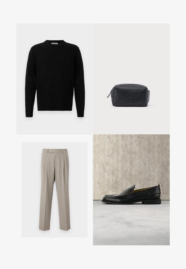 Zwarte gebreide sweater met ronde hals, lange mouwen en geribde manchetten. Zachte textuur met een schone, minimale uitstraling, geschikt voor casual draag.; Beige en bruine geruite rechte broek met plooien, riemlussen en een getailleerde pasvorm tegen een effen witte achtergrond.; Zwarte leren herenslipper met een krokodillen-embossed voorblad en een lage hak, zij-aanzicht op een neutrale achtergrond.; Zwarte rechthoekige leren toilettas met rits en geperst merkembleem aan de voorkant, geplaatst tegen een effen witte achtergrond.
