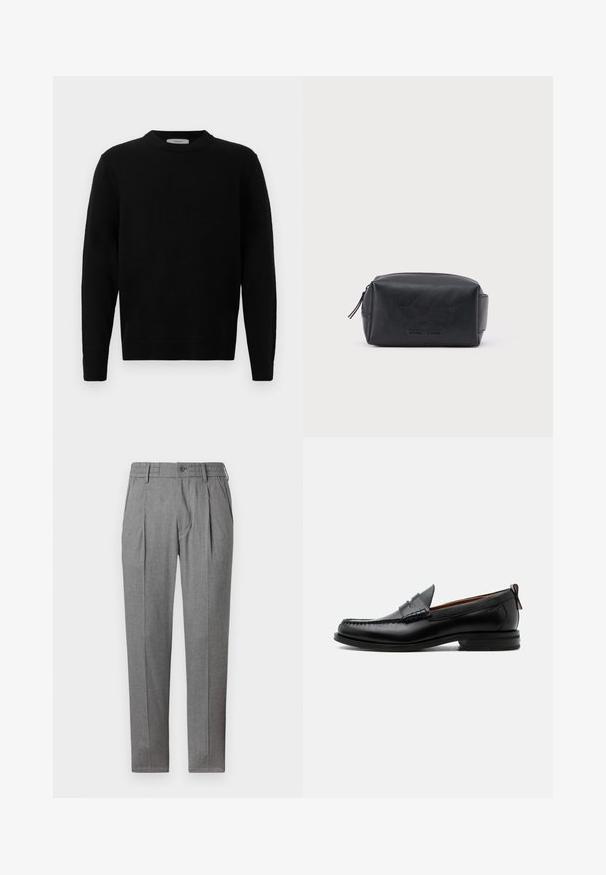 Sort strik sweater med rund hals, lange ærmer og ribbede manchetter. Blød tekstur med et rent, minimalistisk design, velegnet til afslappet brug.; Grå plisserede bukser med elastisk talje, lavet af et tekstureret stof. Har en frontknaplukning og tapered ben.; Sort læder herre loafer med moc-tå syning, penny strop, struktureret krave og lav stablet hæl på hvid baggrund.; Sort rektangulær lædertoilettaske med lynlås og præget brandnavn foran, sat mod en ensartet hvid baggrund.