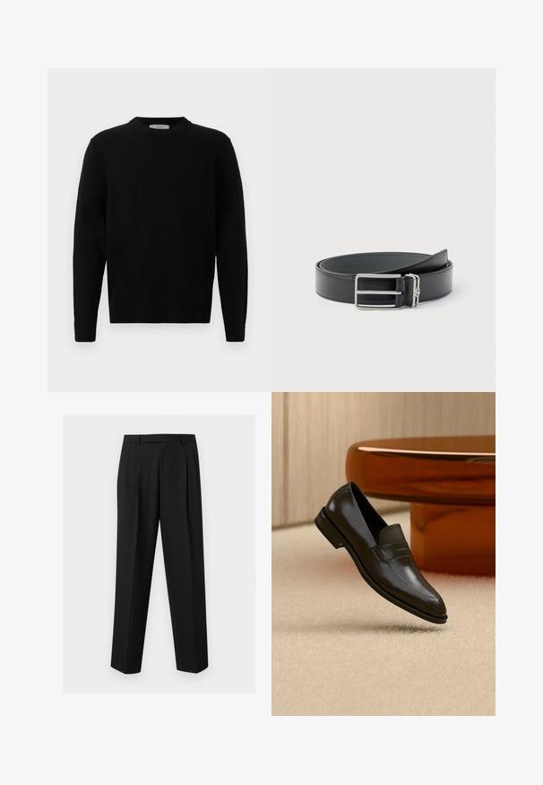Sort strik sweater med rund hals, lange ærmer og ribbede manchetter. Blød tekstur med et rent, minimalistisk design, velegnet til afslappet brug.; Sorte skræddersyede bukser med lige ben, plisseringer ved taljen, bæltestropper og sidelommer med slidser, vist på en enkel baggrund.; Sort læderloafer med et elegant design, der har et struktureret bånd og en glat finish. Placeret mod en blød, lys baggrund.; Sort læderbælte med en sølvfarvet rektangulær spænde og en lille vedhæftet sølvring, sammenrullet på en hvid baggrund.