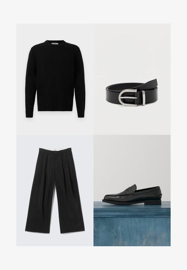 Sort strik sweater med rund hals, lange ærmer og ribbede manchetter. Blød tekstur med et rent, minimalistisk design, velegnet til afslappet brug.; Sorte bukser med vide ben, læg, bæltestropper og en knaplukning, vist mod en lys grå baggrund.; Sorte læderloafers med et slankt design, der har syning ved tåen og en glat finish. Skoen har en lav hæl og minimal udsmykning.; Sort læderbælte med en glat overflade, der har en sølvmetalklausul og en klassisk rektangulær form.