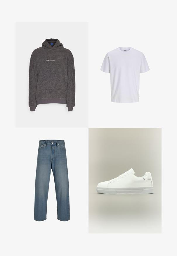 Dark gray, textured fleece hoodie with “originals Studio” text printed on the chest, ribbed cuffs and hem, displayed on a plain background.; Plain white short-sleeve crew neck t-shirt with a straight hem, displayed on a white background.; Light blue denim jeans with a relaxed fit, high waist, and straight legs. Features front pockets and a button closure.; White low-top sneaker with lace-up front, cushioned collar, and textured rubber sole, shown in side profile on neutral background.