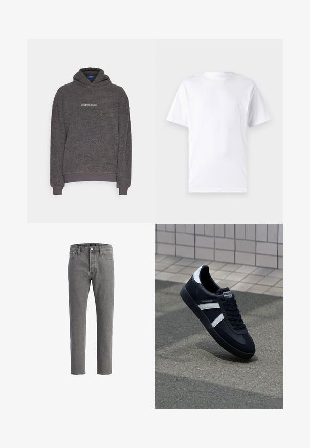 Dark gray, textured fleece hoodie with “originals Studio” text printed on the chest, ribbed cuffs and hem, displayed on a plain background.; White short-sleeve t-shirt made of cotton with a crew neckline, featuring a smooth texture and simple design without patterns or accents.; Gray denim jeans with a straight cut, five-pocket design, and metal button closure. Fabric has a soft, textured finish.; Black leather sneaker with white stripes, textured rubber sole, and lace-up front. Features a branded label on the tongue.