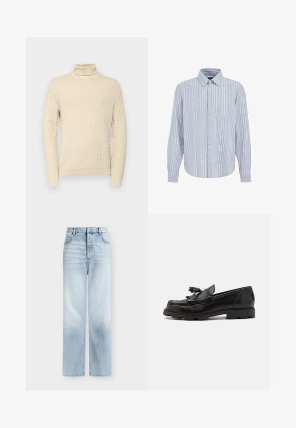 Pull à col roulé couleur crème avec un motif en tricot texturé, doté de manches longues et de poignets et d'un ourlet côtelés.; Chemise bleu clair à manches longues avec boutons et rayures verticales blanches, col classique, présentée sur fond blanc.; Jeans bleu clair taille haute à jambes droites, avec poches avant, passants de ceinture et fermeture par bouton.; Mocassin en cuir noir avec un design de loafer, featuring un frange décoratif et un gland, une surface texturée et une semelle en caoutchouc épaisse.