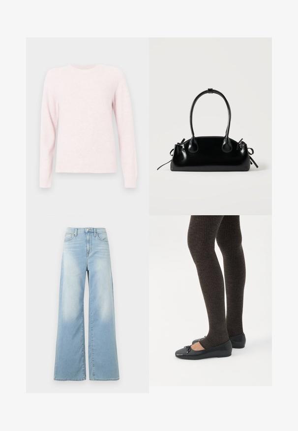 Sweater rose clair en tissu doux, avec un col rond, des manches raglan longues et des bords côtelés au niveau des poignets et de l'ourlet.; Jean large bleu clair à taille haute, avec boutons à l'avant et poches, présenté sur un fond blanc.; Jambes portant des leggings côtelés foncés associés à des ballerines noires avec de petits détails en nœud sur fond blanc.; Petit sac à main noir brillant avec deux longues anses et des détails à cordon sur les côtés sur un fond clair uni.