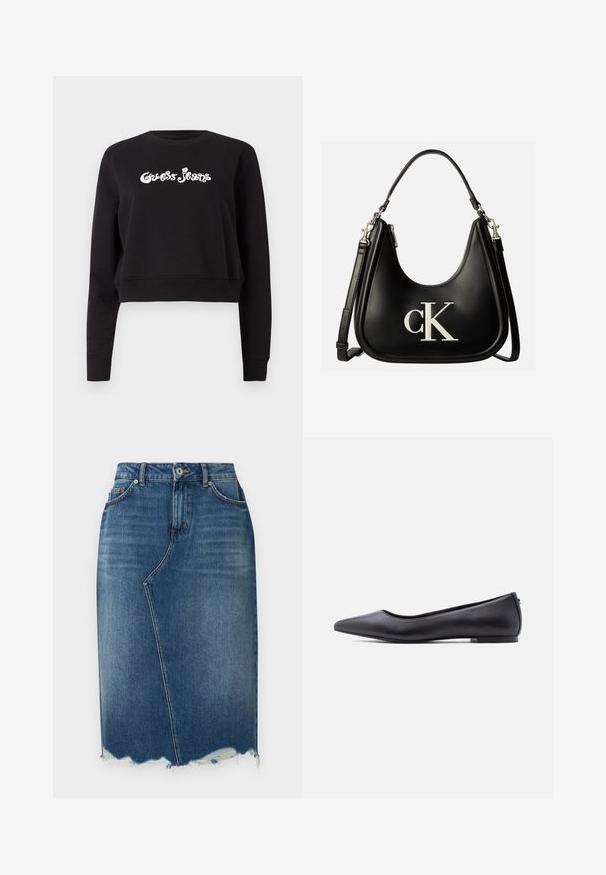 Čierny skrátený sveter vyrobený z bavlny, s dlhými rukávmi a okrúhlym výstrihom. Na prednej strane je biele logo "Guess Jeans".; Modrá rifľová sukňa ceruzkového strihu s asymetrickým predným švom, ošúchaným lemom, náprsnými pútkami a prednými vreckami.; Čierna kožená balerína s špičatou špičkou a nízkym podpätkom, zobrazená z profilu na bielom pozadí.; Čierna kožená kabelka so strieborným logom "cK" na prednej strane, s krátkym uchom a dlhším nastaviteľným ramenným popruhom.