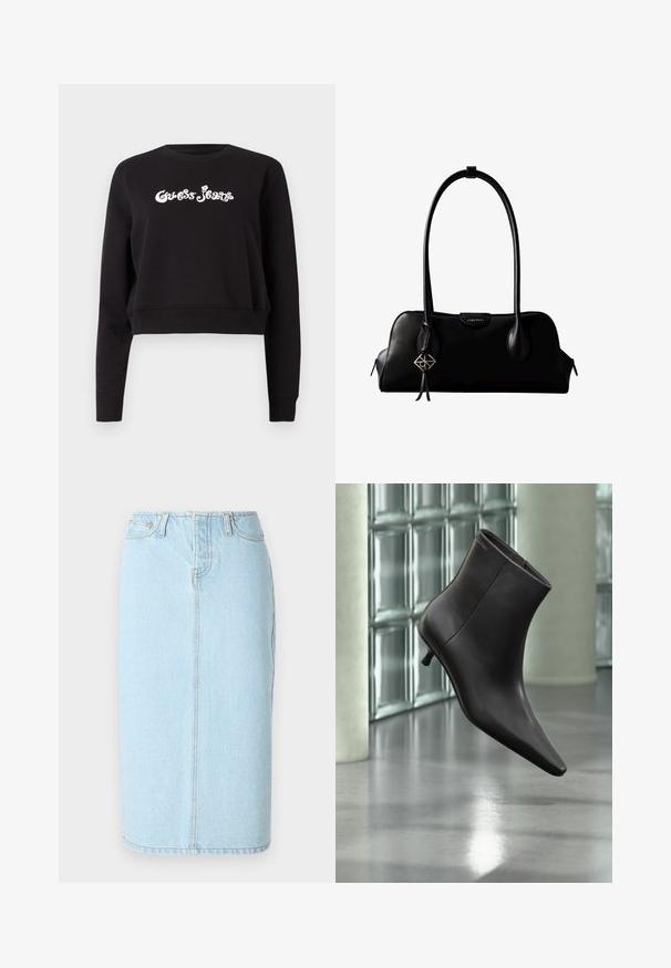 Mustmust, musta, lühendatud varrukatega, mis on valmistatud puuvillast, paksus, millel on pikkade varrukatega ja ümmargune kaelus. Ees on valge "Guess Jeans" brändimisega.; Heledsinine denimpencil-seelik, millel on kõrge talje, viie taskuga disain ja peened õmbluse detailid.; Mustast nahast pahkluu saabas terava varbaotsaga ja väikese kontsaga, esitletud klaasplokkidest seina ja poleeritud põranda taustal.; Must nahast Calvin Kleini käekott pikkade sangadega, esiküljel logoga silt ja ühe sangast ripub hõbedane geomeetriline ripats.