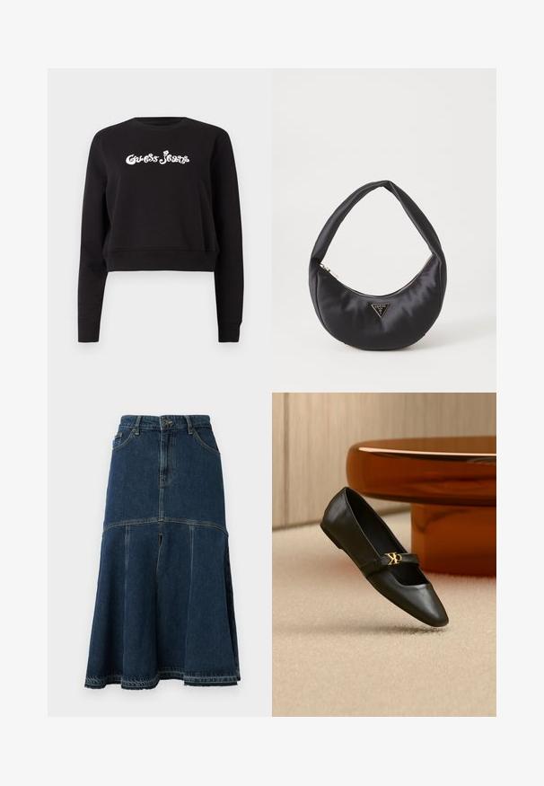 Čierny skrátený sveter vyrobený z bavlny, s dlhými rukávmi a okrúhlym výstrihom. Na prednej strane je biele logo "Guess Jeans".; Džínová sukňa v tmavomodrej farbe s rozšíreným strihom, ktorá má vysoký pás, predné vrecká a nerozštiepený lem. Má opotrebovaný vzhľad a detaily šitia.; Čierna kožená balerína s ostrou špičkou a zlatým logom CK na remienku, položená na béžovom koberci pri okrúhlom jantarovo hnedom stole.; Čierna saténová kabelka s zakriveným tvarom, so zipsovým uzáverom a trojuholníkovým kovovým logom na prednej strane. Hladká textura a elegantný dizajn.