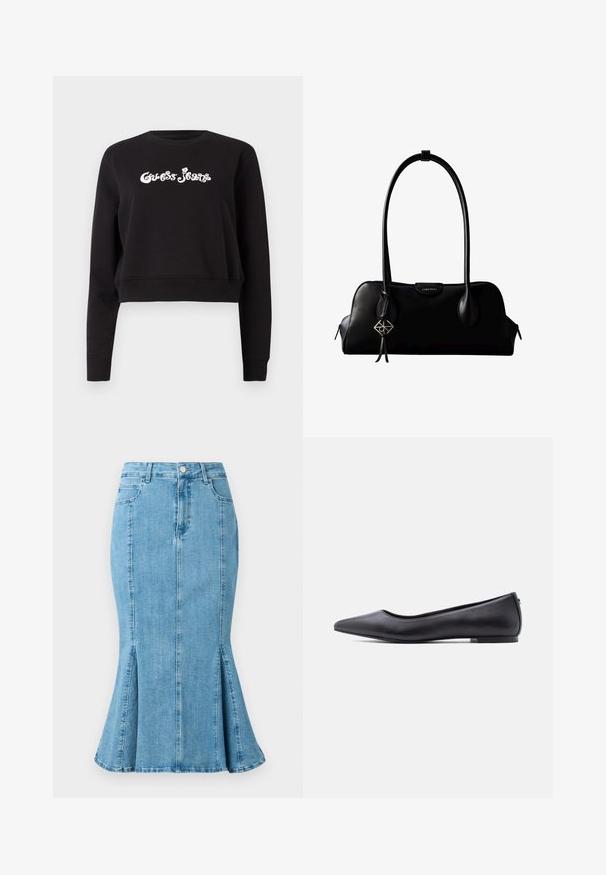 Mustmust, musta, lühendatud varrukatega, mis on valmistatud puuvillast, paksus, millel on pikkade varrukatega ja ümmargune kaelus. Ees on valge "Guess Jeans" brändimisega.; Hele sinine teksaseelik, millel on laienev serv ja küljesooned, esitsoonel on nööbikinnitus ning taskud. Lihtne ja puhas disain.; Must nahkjala kinga madala kontsaga, külgvaates valge tausta ees.; Must nahast Calvin Kleini käekott pikkade sangadega, esiküljel logoga silt ja ühe sangast ripub hõbedane geomeetriline ripats.
