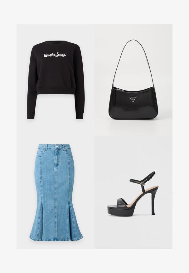 Mustmust, musta, lühendatud varrukatega, mis on valmistatud puuvillast, paksus, millel on pikkade varrukatega ja ümmargune kaelus. Ees on valge "Guess Jeans" brändimisega.; Hele sinine teksaseelik, millel on laienev serv ja küljesooned, esitsoonel on nööbikinnitus ning taskud. Lihtne ja puhas disain.; Mustad platvormsandaalid kõrge kontsaga, millel on sile nahast pealmine osa, avatud varbaga disain ja reguleeritav pahkluu rihm metalldetailidega.; Must küllastatud nahast õlakott, millel on kumer kuju, hõbedase kolmnurkse logo ja tõmblukuga sulgemine. Sile tekstuur ja õhuke rihm.
