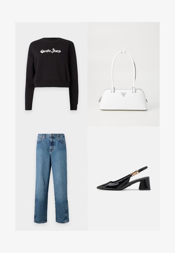 Mustmust, musta, lühendatud varrukatega, mis on valmistatud puuvillast, paksus, millel on pikkade varrukatega ja ümmargune kaelus. Ees on valge "Guess Jeans" brändimisega.; Heledad sinine denim põlvpüksid sirge lõikega, millel on tikitud taskud, ees oleva nööbi sulgemine ja minimaalne kulumine kangal.; Mustla mustnahk naastuga kingad, millel on terav nina ja kuldse tooni detailid rihmal, sisseehitatud plokknukk. Sujuva tekstuuriga.; Valge nahast käekott, millel on kumer kuju, hõbedane kolmnurkne logo ja lukk. Sile tekstuur ja kaks sangat.