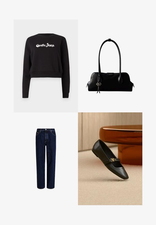 Sudadera corta negra de algodón, con mangas largas y cuello redondo. En la parte delantera presenta el logo en blanco "Guess Jeans".; Jeans de mezclilla azul oscuro con un diseño de pierna recta, que presentan una cintura alta, estilo de cinco bolsillos y costuras en contraste. Sin adornos.; Zapato plano de cuero negro con puntera puntiaguda y logo dorado de CK en la correa, colocado sobre una alfombra beige cerca de una mesa redonda marrón ámbar.; Bolso de mano negro de cuero Calvin Klein con asas largas, una etiqueta con el logo frontal y un colgante geométrico plateado que cuelga de una de las asas.