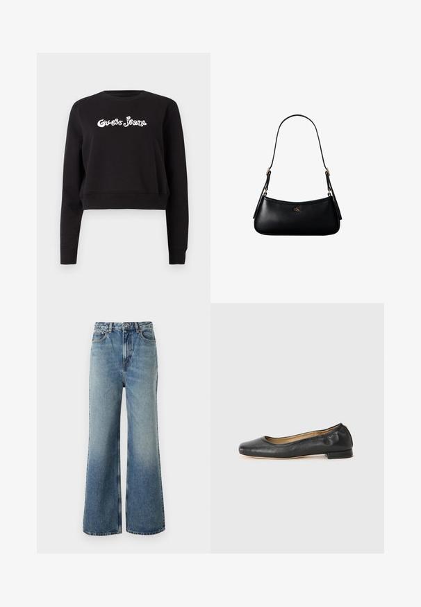 Čierny skrátený sveter vyrobený z bavlny, s dlhými rukávmi a okrúhlym výstrihom. Na prednej strane je biele logo "Guess Jeans".; Svetlomodré džíny s vysokým pásom, širokým strihom, s miernym zošúchaním a kontrastným prešívaním; majú predné vrecká a zapínanie na gombík.; Čierne kožené baletky s okrúhlou špičkou a minimálnym šitím. Nízky, obdĺžnikový podpätok a hladká textura. Diskrétny detail podšívky vnútri.; Čierna kožená mini kabelka cez rameno s tenkým remienkom a malým zlatým logom CK v strede na prednej strane.
