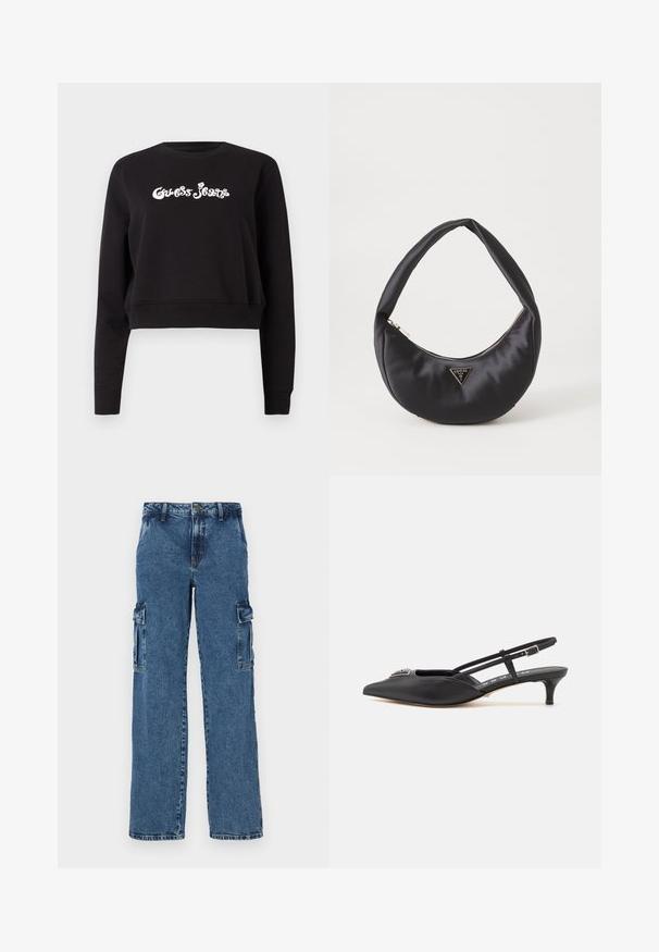 Mustmust, musta, lühendatud varrukatega, mis on valmistatud puuvillast, paksus, millel on pikkade varrukatega ja ümmargune kaelus. Ees on valge "Guess Jeans" brändimisega.; Sinine denimist cargo püksid lõdva istumisega, millel on kaks küljetaskut, tugevdatud õmblused ja sirge jala disain.; Mustad musta rihmaga kingad terava ninaga, valmistatud siledast materjalist, väikese kontsaga ja kaunistava hõbedase aksessuaari ning sillerdava pealsega.; Must musträk kott, millel on kaarjas kuju, varustatud lukuga ja metallist kolmnurkse logoga ees. Sile tekstuur ja peen disain.