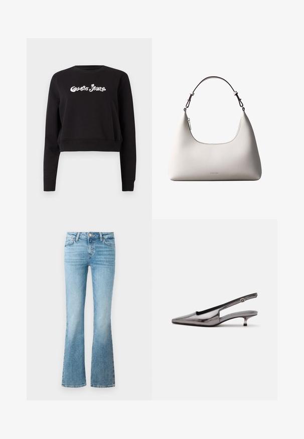 Sort cropped sweatshirts lavet af bomuld, med lange ærmer og rund halsudskæring. Foran ses hvid "Guess Jeans" branding.; Lysblå denimflaredragt med frontlommer, bæltesløjfer og knaplukning.; Metalgrå spids slingback-sko med lav kittenhæle og justerbar rem på hvid baggrund.; Cremefarvet skuldertaske i læder fra Calvin Klein med buet topkant, sølvfarvet lynlås og mørkebrun justerbar rem.