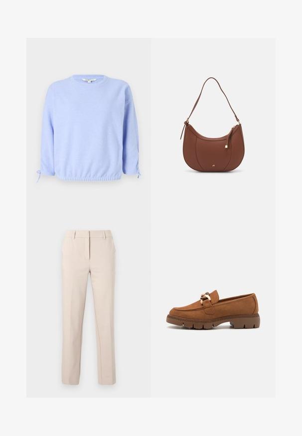 Lichtblauwe pullover sweatshirt met een ronde hals, elastische zoom en trekkoordaccenten op de mouwen. Zachte textuur, casual pasvorm.; Beige op maat gemaakte, rechte broek met ceintuurlussen, voorsluiting met ritssluiting en knoop op een effen lichte achtergrond.; Bruine suède instappers met een decoratieve goudkleurige kettingaccent, voorzien van een gestructureerde rubbere zool en een afgeronde neuzen design.; Bruine faux leren schoudertas met een gebogen vorm, minimale stiksels en een gouden hardware-accent. Voorzien van een bovenste ritsluiting en een verstelbare schouderband.