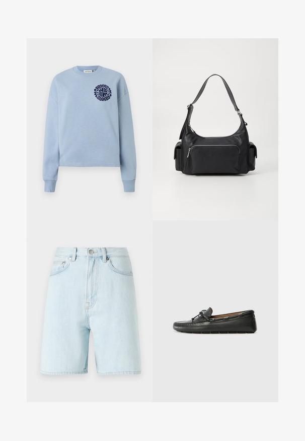 Sweatshirt en coton bleu clair avec manches longues et col rond. Présente un design graphique circulaire marine sur la poitrine gauche. Texture douce.; Shorts en denim bleu clair à taille haute, avec un design à cinq poches et une fermeture par bouton en laiton. Présente des coutures discrètes et des bords effilochés.; Bateau en cuir noir avec un bout arrondi, des détails de couture, un petit accent en nœud et une semelle en caoutchouc. Texture lisse et design épuré.; Sac à épaule en cuir noir, de forme arrondie, avec une poche avant zippée et deux poches latérales. Dispose d'une seule sangle réglable.