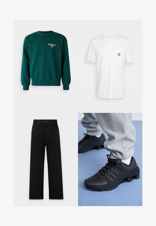 Grøn sweatshirt lavet af bomuldsblandet stof med ribbet rund halsudskæring, mansjetter på ærmerne og et lille hvidt logo på forsiden.; Hvid bomulds T-shirt med korte ærmer, en brystlomme, og et lille firkantet logo patch i orange og hvid på lommen.; Sorte denimbukser med lige pasform, der har frontlommer, kontrastgule syninger og en knaplukning i taljen.; Person iført sorte Nike Shox sneakers og grå joggingbukser, der står på lyseblåt tæppe.