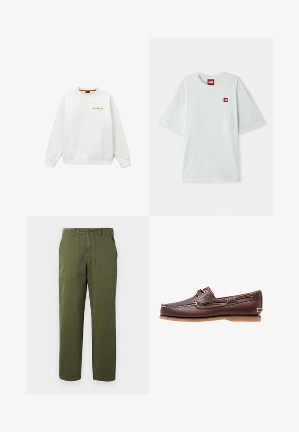 Sweat-shirt blanc à col rond avec manches longues, poignets et ourlet côtelés, et petit logo jaune "NAPAPIJRI" sur la poitrine gauche.; T-shirt à manches courtes vert clair en coton doux, arborant une petite étiquette logo rouge sur la zone gauche de la poitrine. Coupe décontractée et col rond.; Pantalon vert à jambes droites avec poches plaquées à l'avant, passants pour ceinture, fermeture par bouton et poches latérales sur un fond uni.; Chaussure bateau en cuir marron avec coutures blanches, détails de lacets et semelle en caoutchouc beige, vue de côté sur fond blanc.