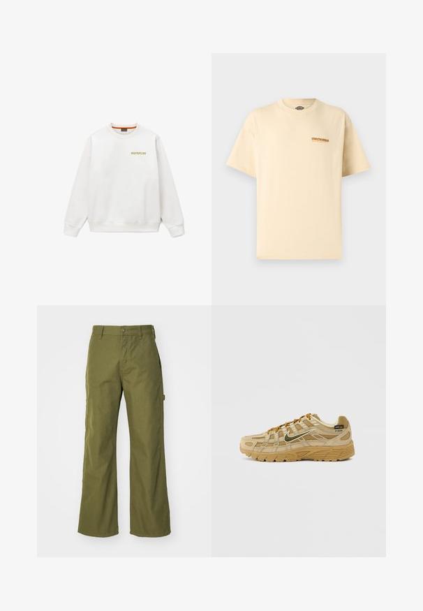 Sweat-shirt blanc à col rond avec manches longues, poignets et ourlet côtelés, et petit logo jaune "NAPAPIJRI" sur la poitrine gauche.; T-shirt beige à manches courtes Dickies avec petit logo orange et noir sur la poitrine gauche, encolure ronde, design uni.; Pantalons larges vert olive en tissu durable, dotés d'une fermeture à bouton, de poches latérales et d'un design à ourlet droit.; Chaussure de sport beige avec panneaux en suède texturé et mesh, lacets marron contrastants, et une semelle en caoutchouc robuste. Présente un logo bien visible.