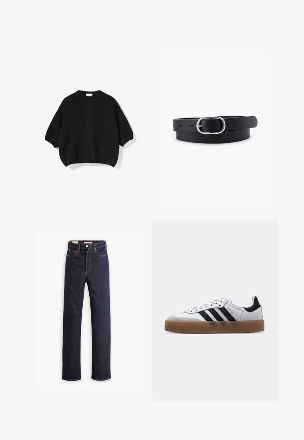 Zwarte gebreide trui met een ronde hals, oversized pasvorm en korte mouwen. Zachte textuur met een licht pluizige uitstraling. Geen zichtbare patronen.; Donkerblauwe straight-leg denim jeans met vijf zakken en zichtbare oranje stiksels op een witte achtergrond.; Witte leren sneakers met zwarte strepen, gumrubberen buitenzool, ronde neus, vetersluiting en een zachte grijze suède neuskap.; Zwarte leren riem met een gladde textuur, ovaal zilveren metalen gespsluiting en meerdere verstelgaten langs de band. Platte, minimalistische uitstraling.