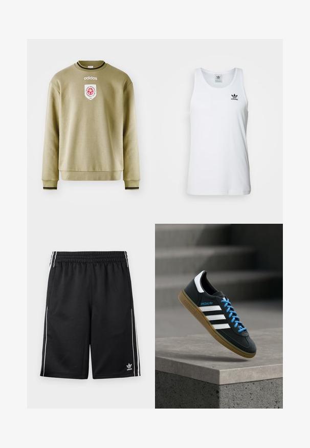 Olive roheline sviiter ümmarguse kaelusega, ribaga randmete ja hemiga. Omab tikandiga logo ja punaste aktsentidega pätsi. Sile tekstuur.; Valge sooniline tank top ümmarguse kaelusega, must Adidas logo vasakul rinnal ning ilma varrukateta. Pehme puuvillane materjal, juhuslik sobivus.; Mustad Adidas spordipüksid valgete küljeribadega, elastse vöökohaga, küljetaskutega ja Adidas logo alumisel vasakul jalal.; Must Adidas toss valgete triibu, siniste paelte ja kummist tallaga, hõljuv pehme valgusega halli betoonastme kohal.