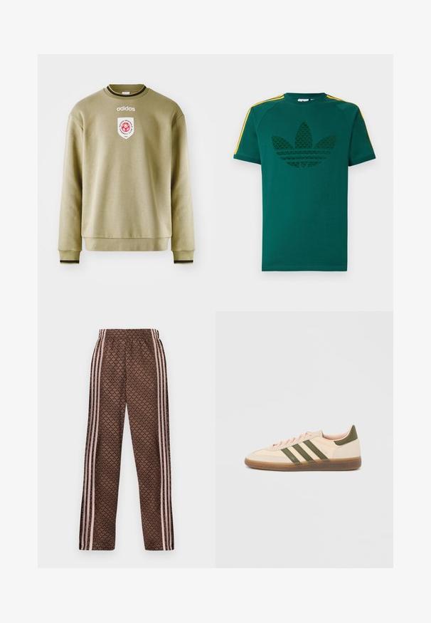 Olijfgroene sweatshirt met een ronde hals, ribgebreide manchetten en zoom. Heeft een geborduurd logo en een patch met rode accenten. Soepele textuur.; Groen T-shirt met korte mouwen, voorzien van een donker groen Adidas trefoil-logo en gele strepen op de schouders, tegen een witte achtergrond.; Bruine trainingsbroek met lichtroze verticale strepen aan de zijkanten en een herhalend bladpatroon over de hele broek, elastische tailleband, recht gesneden pijpen.; Beige Adidas Spezial sneaker met een laag profiel, groene strepen, een gumkleurige zool en "SPEZIAL" branding aan de zijkant, gezien vanaf de buitenzijde.