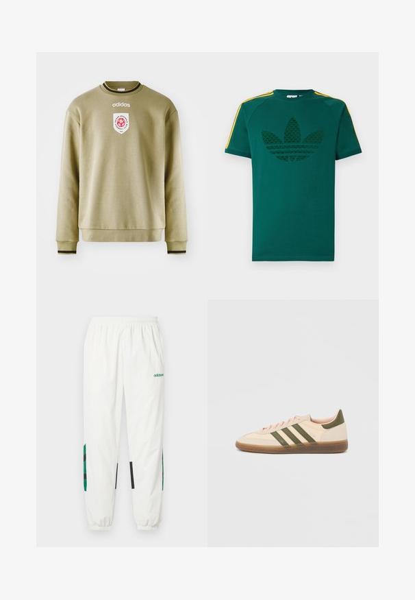 Olivgrüner Pullover mit Rundhalsausschnitt, gerippten Bündchen und Saum. Verfügt über ein besticktes Logo und einen Patch mit roten Akzenten. Glatte Textur.; Grünes T-Shirt mit kurzen Ärmeln, dunkelgrünem Adidas-Trefoil-Logo und gelben Streifen auf den Schultern vor weißem Hintergrund.; Weiße Sporthose aus leichtem Material, mit grünen und schwarzen Akzenten an den Seiten, einem elastischen Bund und Bündchen.; Flacher, beigefarbener Adidas Spezial Sneaker mit grünen Streifen, Gummisohle und "SPEZIAL" Schriftzug an der Seite, von der Außenseite gezeigt.