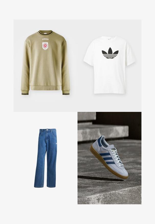 Olijfgroene sweatshirt met een ronde hals, ribgebreide manchetten en zoom. Heeft een geborduurd logo en een patch met rode accenten. Soepele textuur.; Witte katoenen t-shirt met een groot zwart Adidas trefoil-logo en drie horizontale strepen eronder. Korte mouwen, ronde hals.; Blauwe hoge taille wijde spijkerbroek met voorzakken, riemlussen, knoopsluiting en klein Adidas-logo op de rechterdij.; Lichtblauwe Adidas Spezial sneaker met marineblauwe strepen en rubberen zool, getoond in de lucht boven betonnen trappen in een neutrale buitenomgeving.