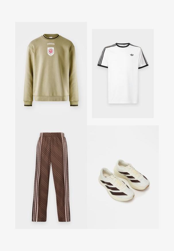 Olivengrøn sweatshirt med rund hals, ribstrikkede manchetter og kant. Har et broderet logo og et mærke med røde accenter. Glat tekstur.; Hvid bomulds t-shirt med sort ribkant ved hals og ærmer, med tre sorte striber på hver skulder og et lille logo på brystet.; Brune træningsbukser med lyserøde lodrette striber på siderne og et gentaget løvmønster over det hele, elastisk talje, lige ben pasform.; Lysecreme løbesko med mørkebrune diagonale striber, tekstureret mesh-overdel og polstret sål. Har gule "ADIZERO" branding.