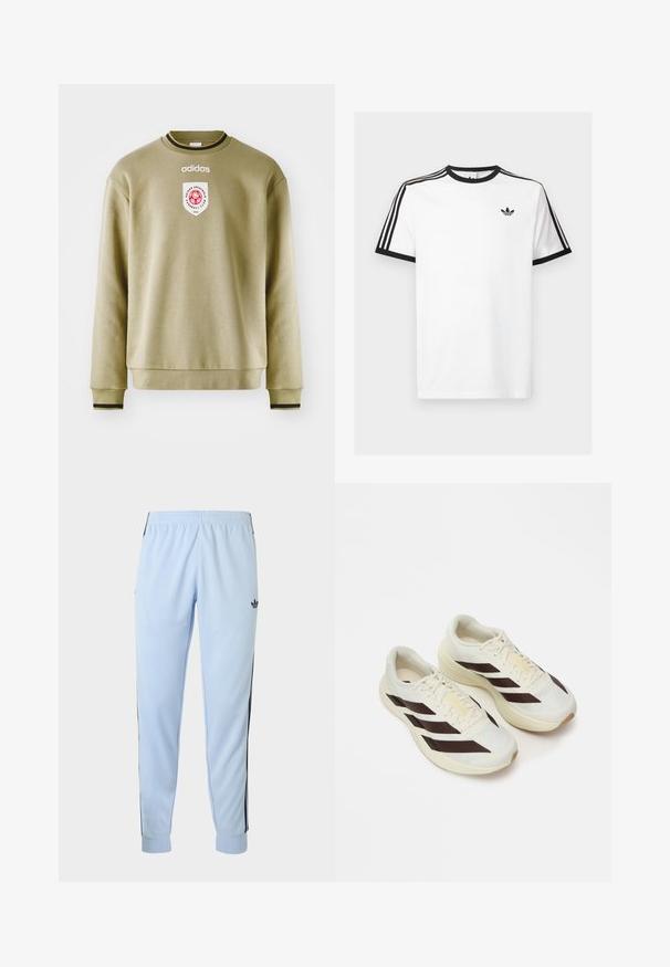 Olivgrüner Pullover mit Rundhalsausschnitt, gerippten Bündchen und Saum. Verfügt über ein besticktes Logo und einen Patch mit roten Akzenten. Glatte Textur.; Weißes Baumwoll-T-Shirt mit schwarzem Rippenkragen und Ärmeln, mit drei schwarzen Streifen auf jeder Schulter und einem kleinen Logo auf der Brust.; Hellblaue Sporthose mit schwarzen Seitenstreifen, elastischem Bund, Bündchen an den Knöcheln und adidas-Logo am rechten Oberschenkel.; Helle Laufcremeschuhe mit dunkelbraunen diagonalen Streifen, strukturiertem Mesh-Obermaterial und gepolsteter Sohle. Mit gelbem "ADIZERO" Branding.